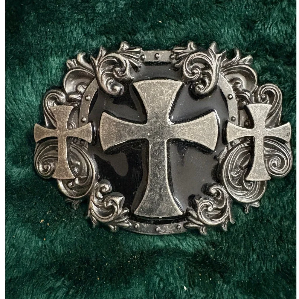 Gothic Triple Cross Belt Buckle Silver Tone Black Enamel Biker Western Scroll